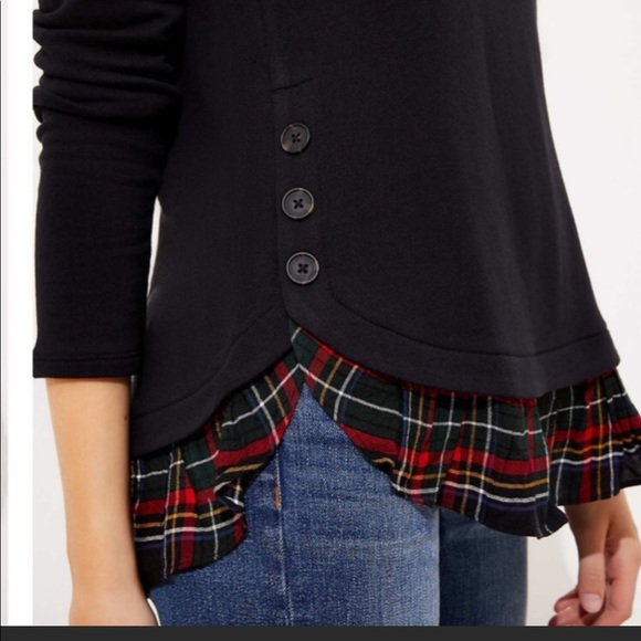 Loft Black Top with Plaid Ruffle Trim - Picture 2 of 8